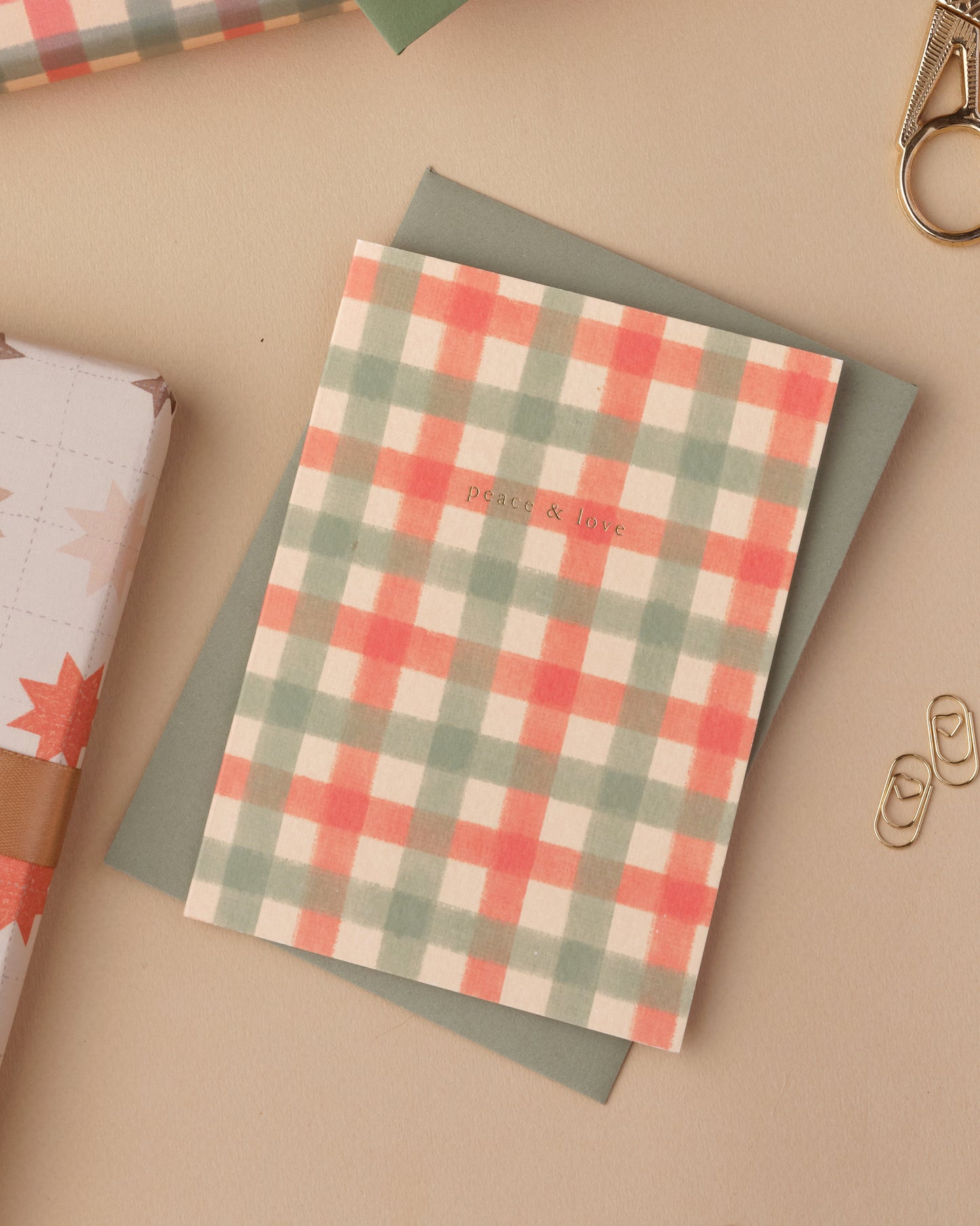Peace and Love Gingham Christmas Card
