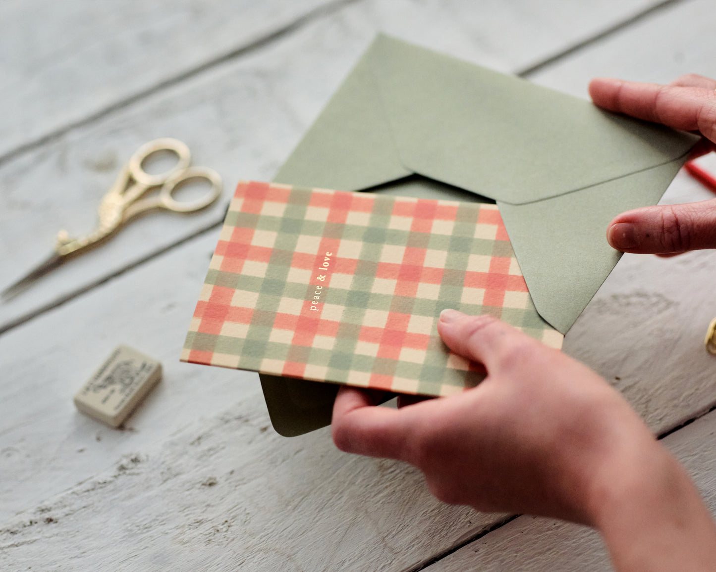 Peace and Love Gingham Christmas Card