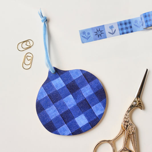 Blue Checked Wooden Hanging Decoration