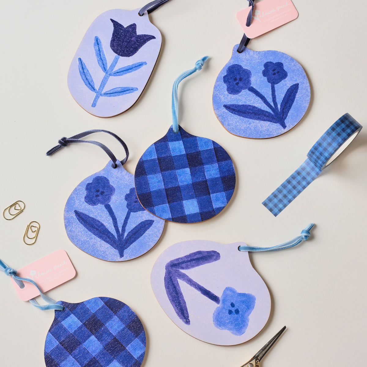 Blue Checked Wooden Hanging Decoration