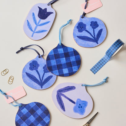 Blue Checked Wooden Hanging Decoration